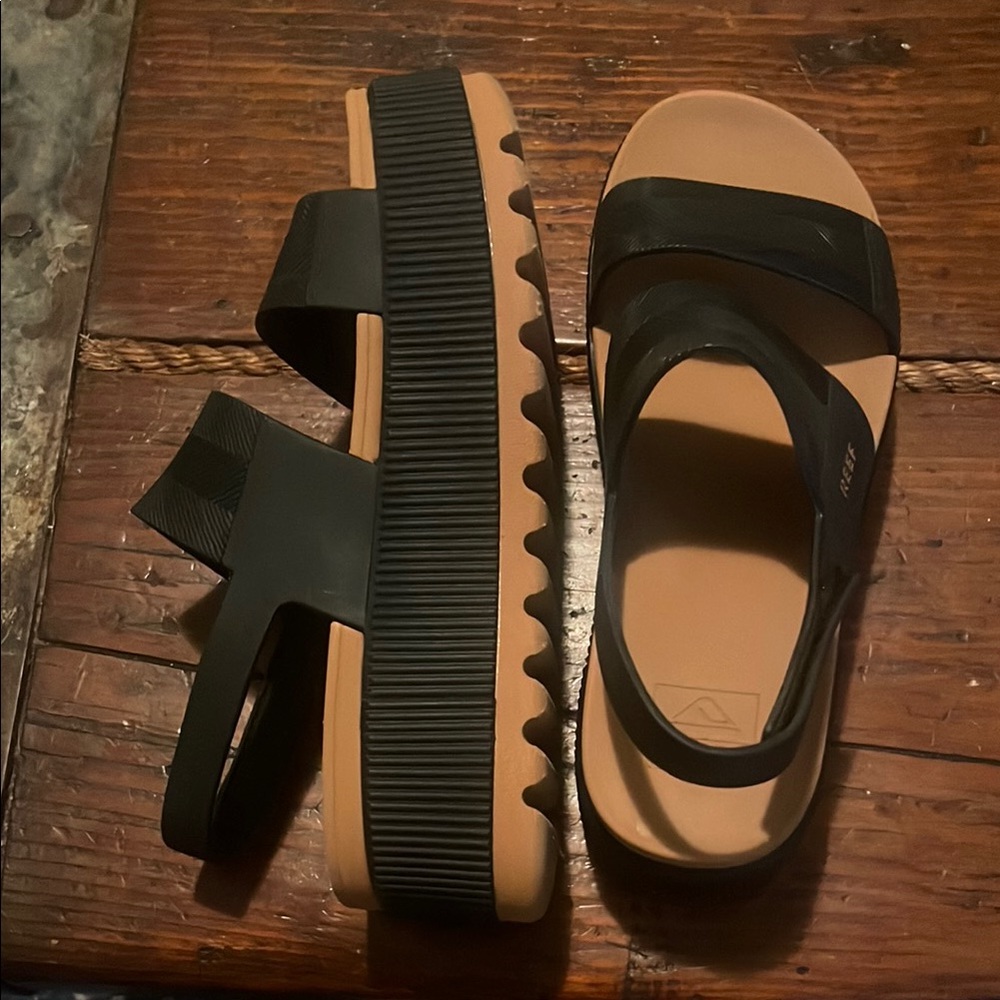 Reef Black and Tan Platform Sandals with Thick Straps